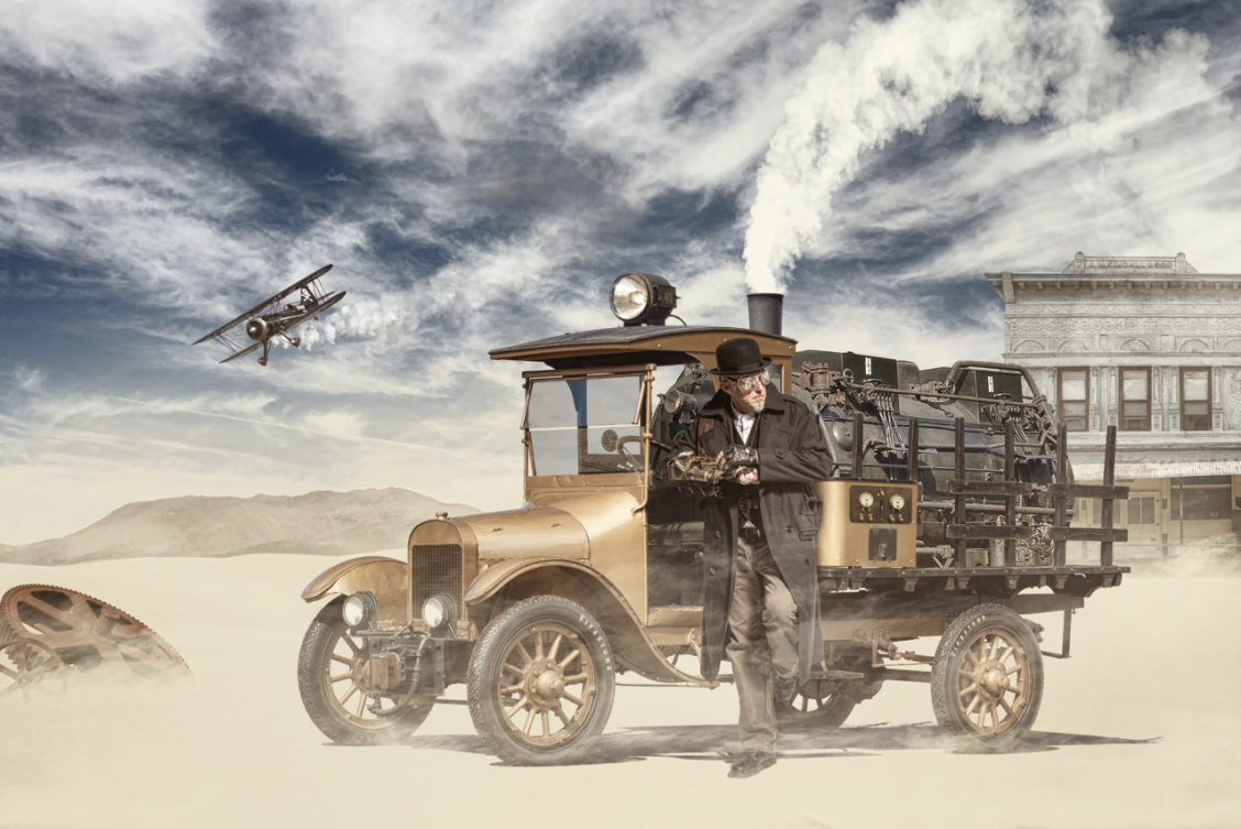 Illustration photography of a man in an old fashioned car created with photoshop