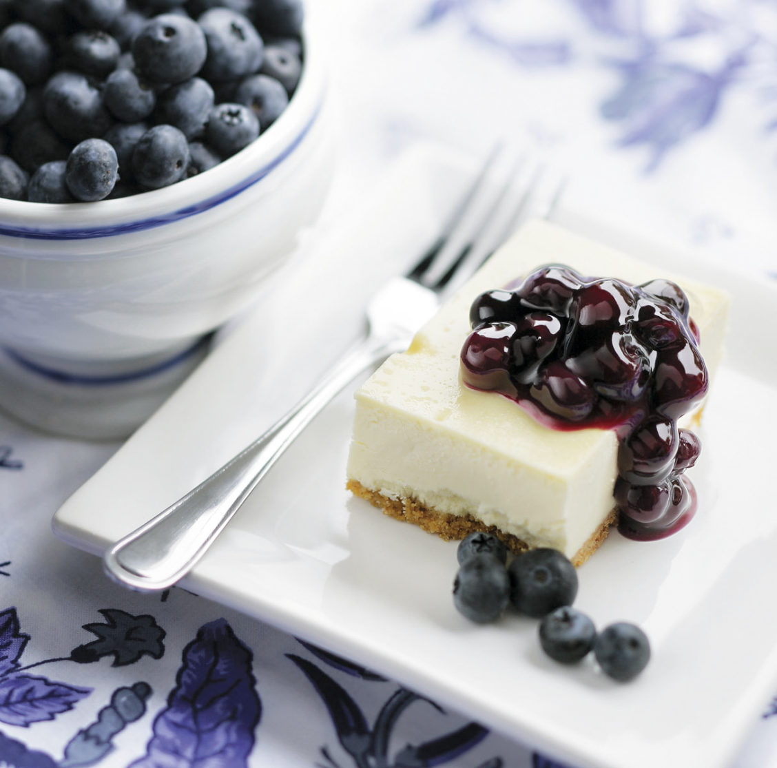 Photograph of cheesecake dessert with fresh blueberries