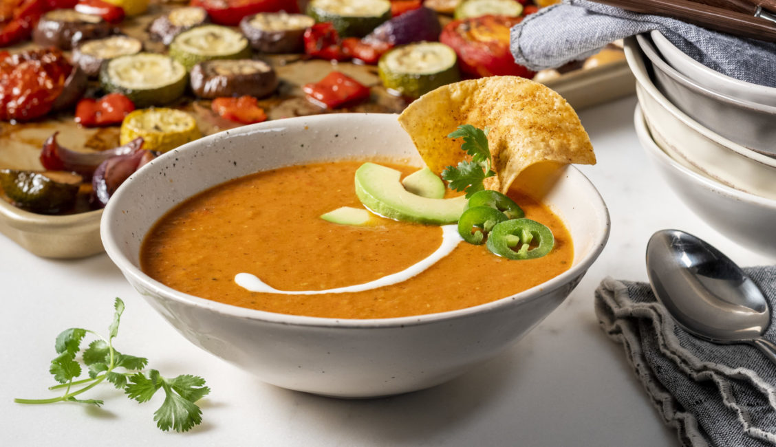 Food photography of a bowl of roasted vegetable ratatouille sauce
