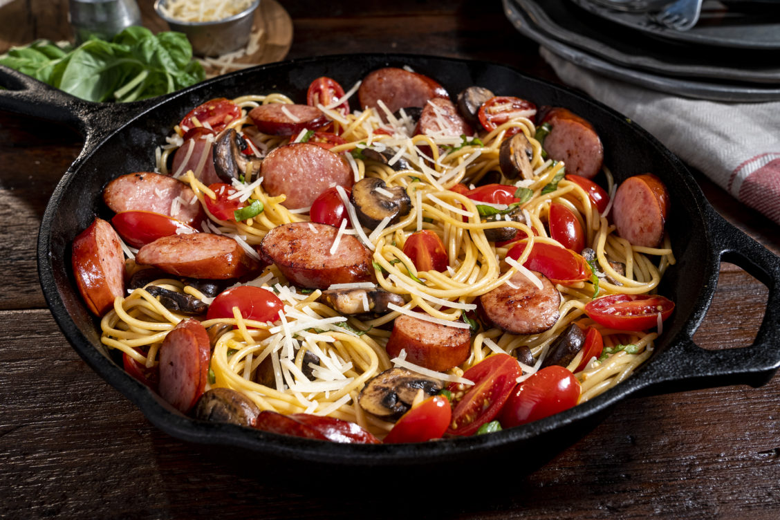 Food photography of a skillet of sausage and spaghetti for Johnsonville