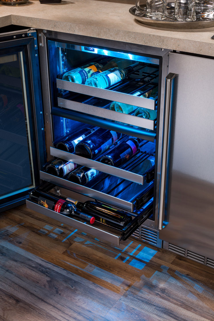 Product photography of an installed wine fridge