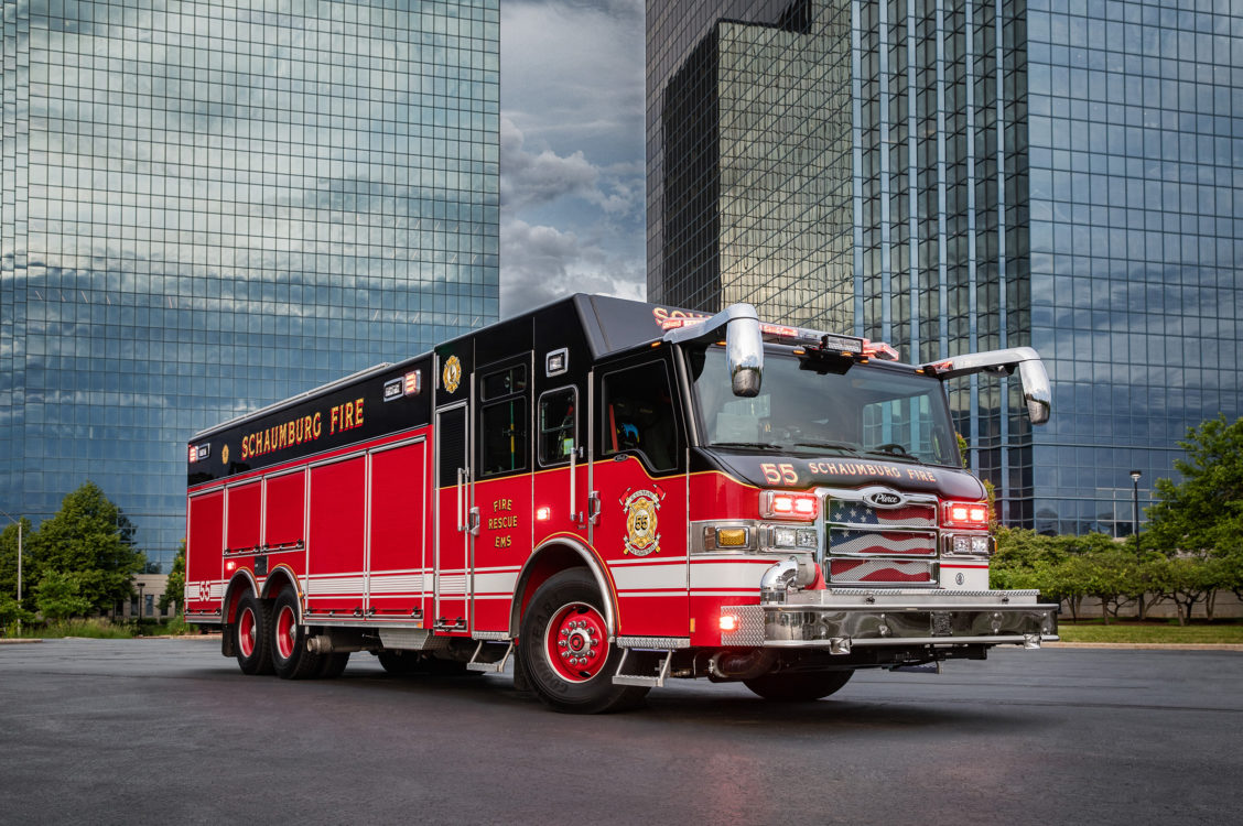 Photograph of a firetruck in a city setting