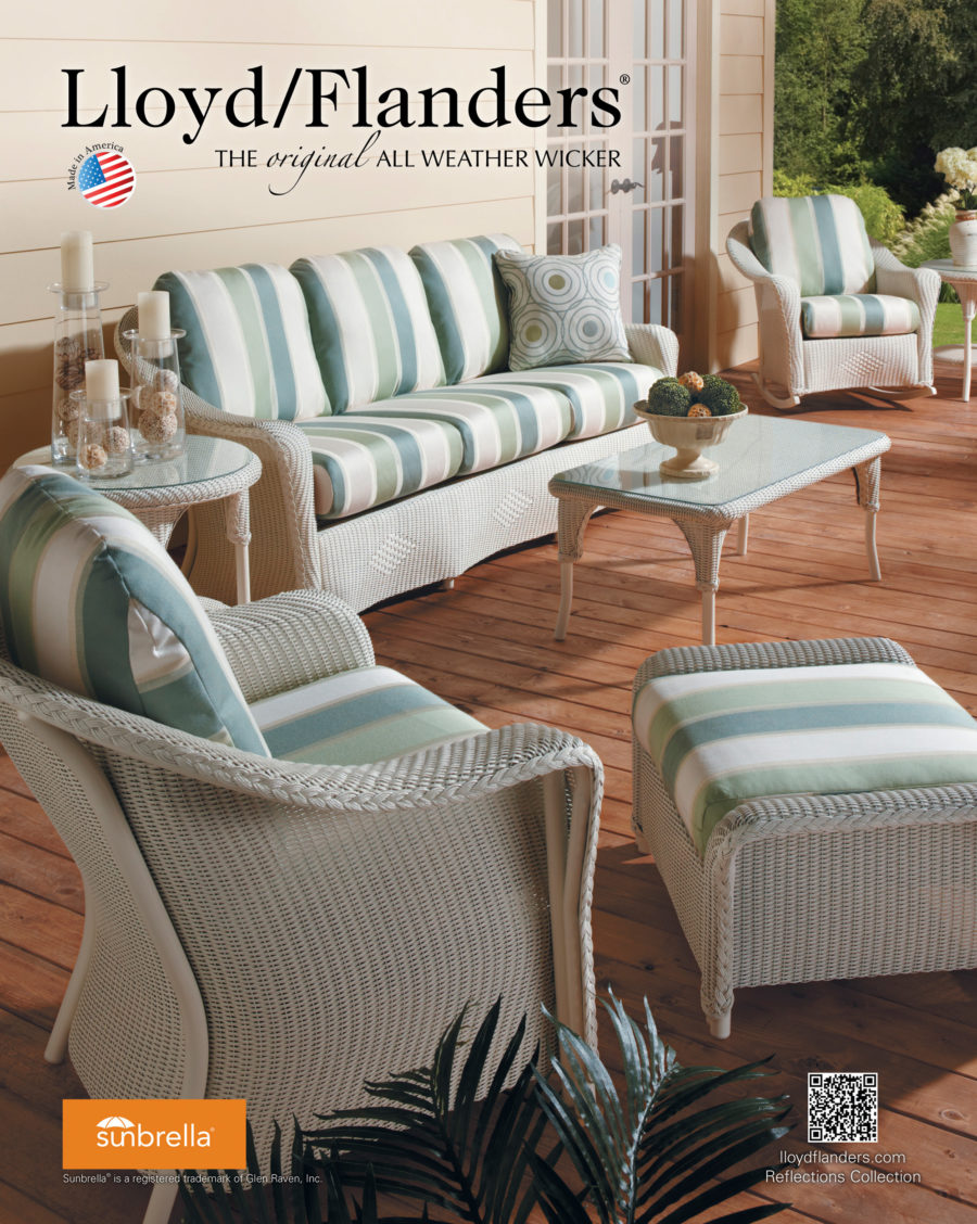 Product photography of Lloyd Flanders white outdoor wicker furniture.