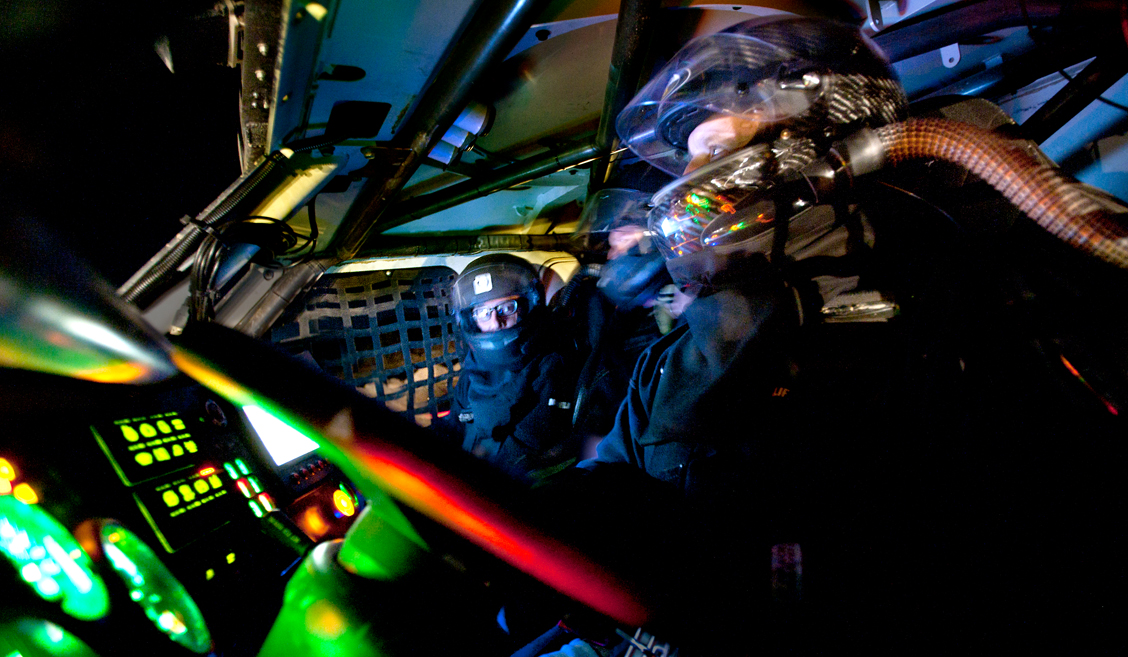 Lifestyle photo of two pilots in a cockpit at night